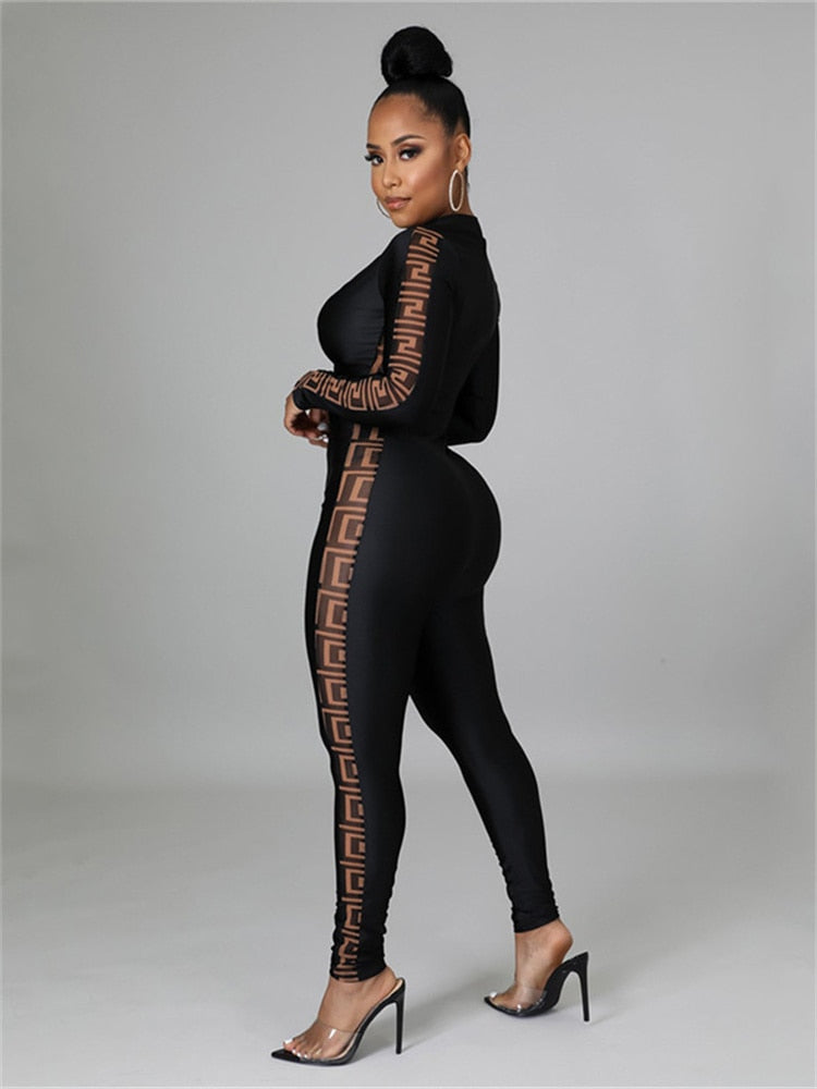 New Inwoman Women's Fall Mesh Patchwork Long Sleeve One Piece Black/Red Bodycon Jumpsuit