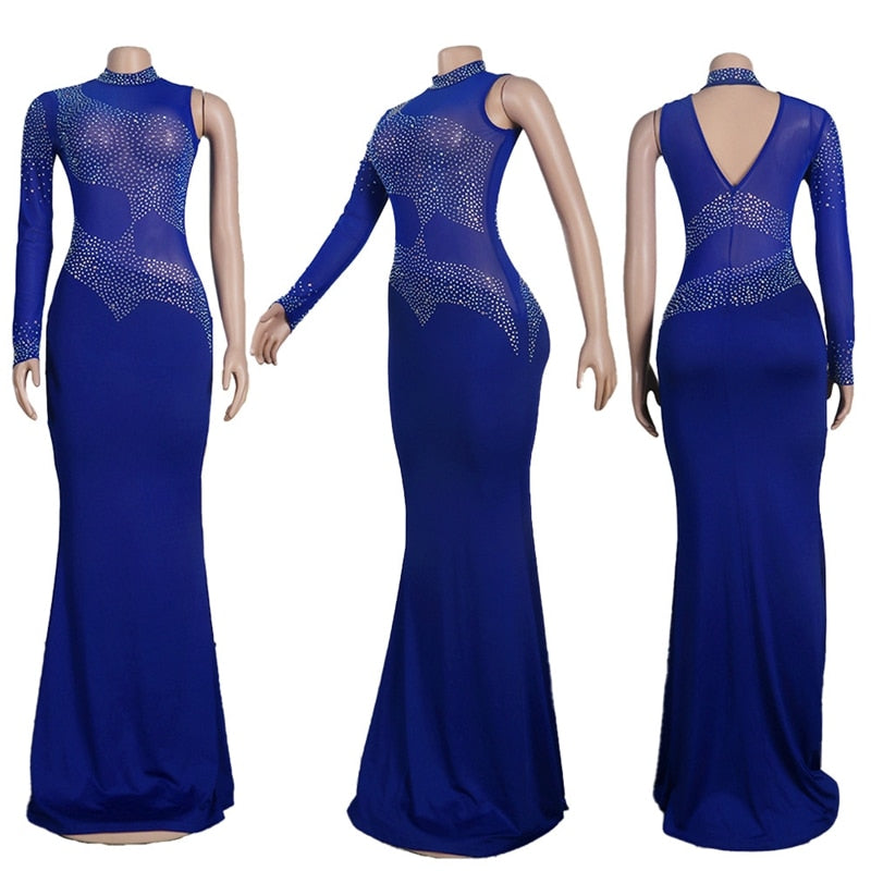 Sheer Mesh Rhinestone Maxi Bodycon Dress Long Sleeve See Through Wedding Evening Dresses Elegant Party Birthday Dress for Women