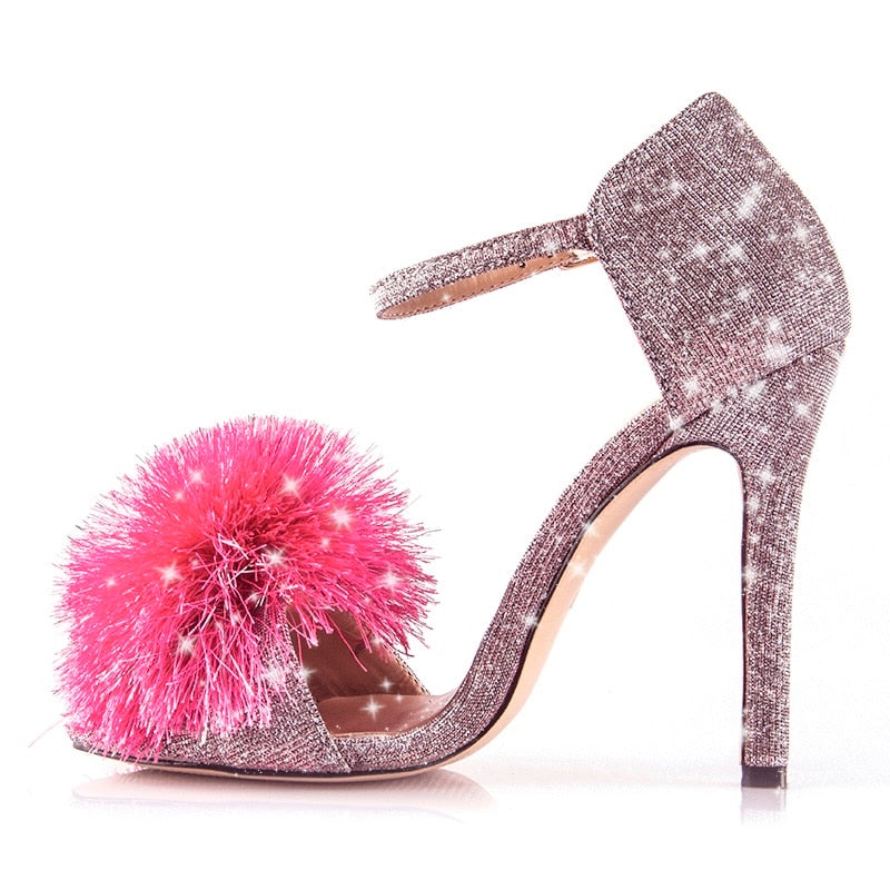 Perixir Fashion Glitter Heels Designers Summer Shoes Women Stiletto Sandalen Open Toe Fluff Strappy Thin High Heels Fur Sandals
