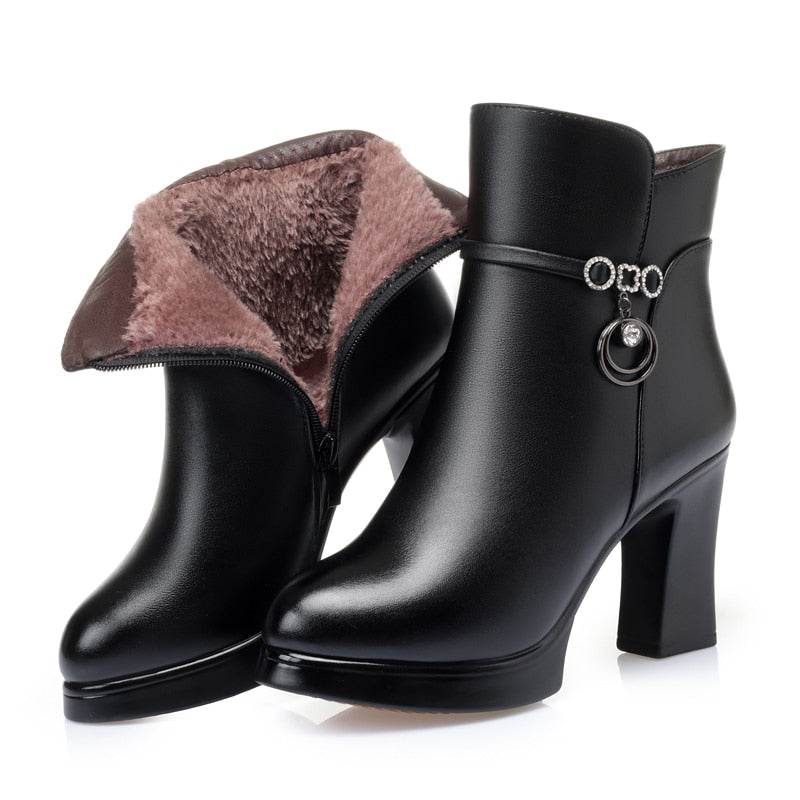New Women's Winter Wool High-Heel Leather Ankle Boots