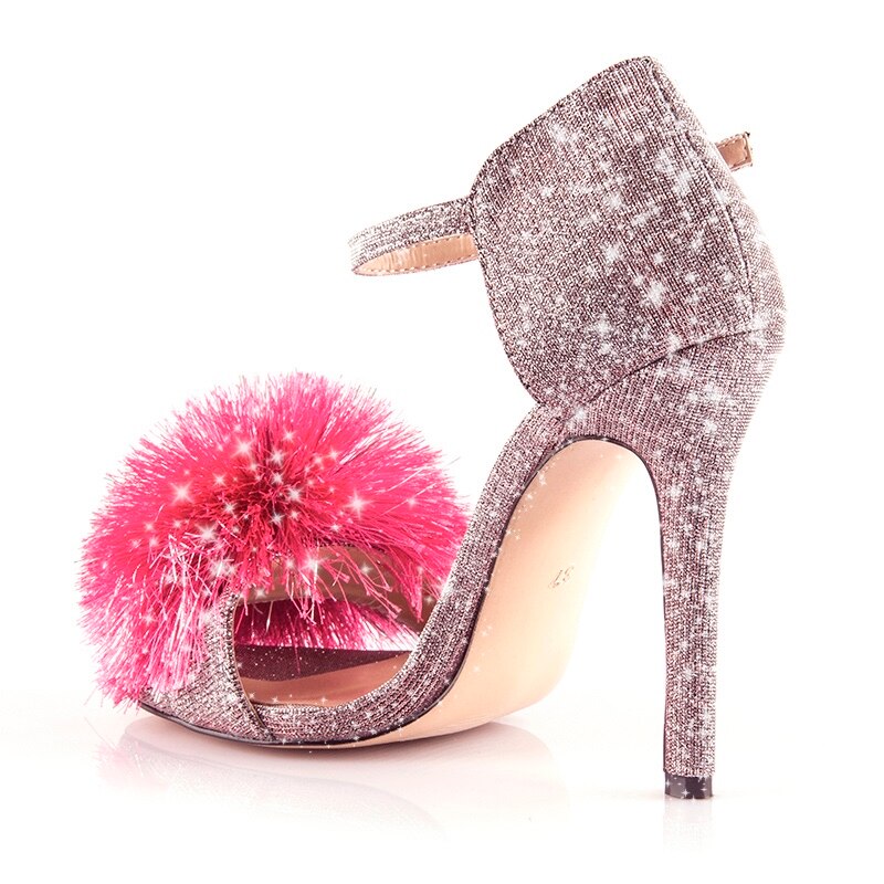 Perixir Fashion Glitter Heels Designers Summer Shoes Women Stiletto Sandalen Open Toe Fluff Strappy Thin High Heels Fur Sandals