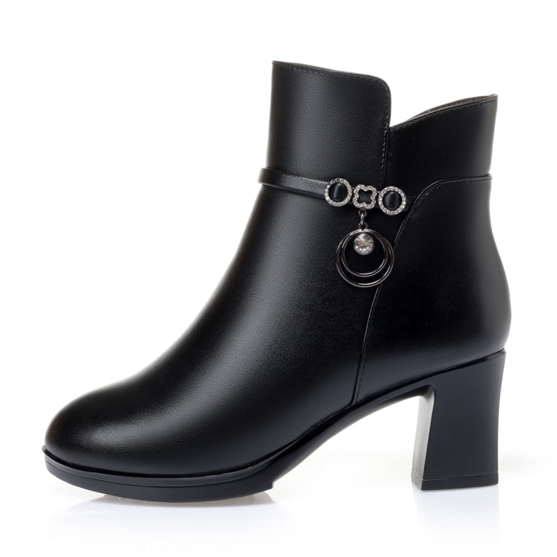 New Women's Winter Wool High-Heel Leather Ankle Boots