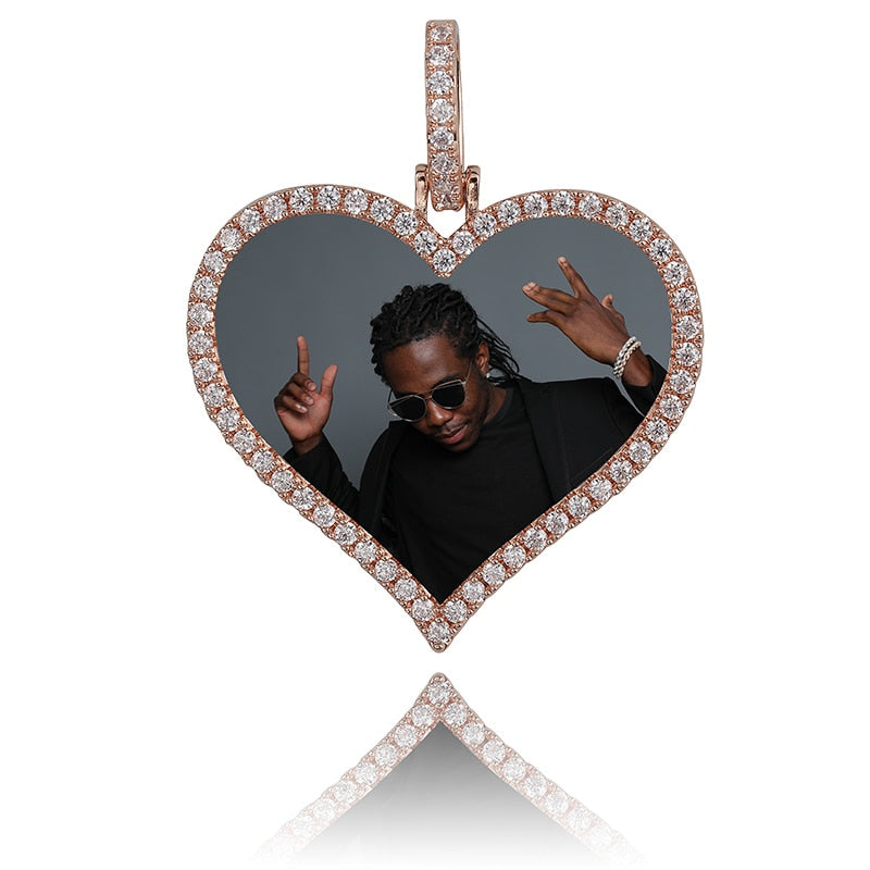 TOPGRILLZ Men's Custom Made Photo Heart Medallions Necklace & Pendant With 4mm Tennis Chain AAA Cubic Zircon