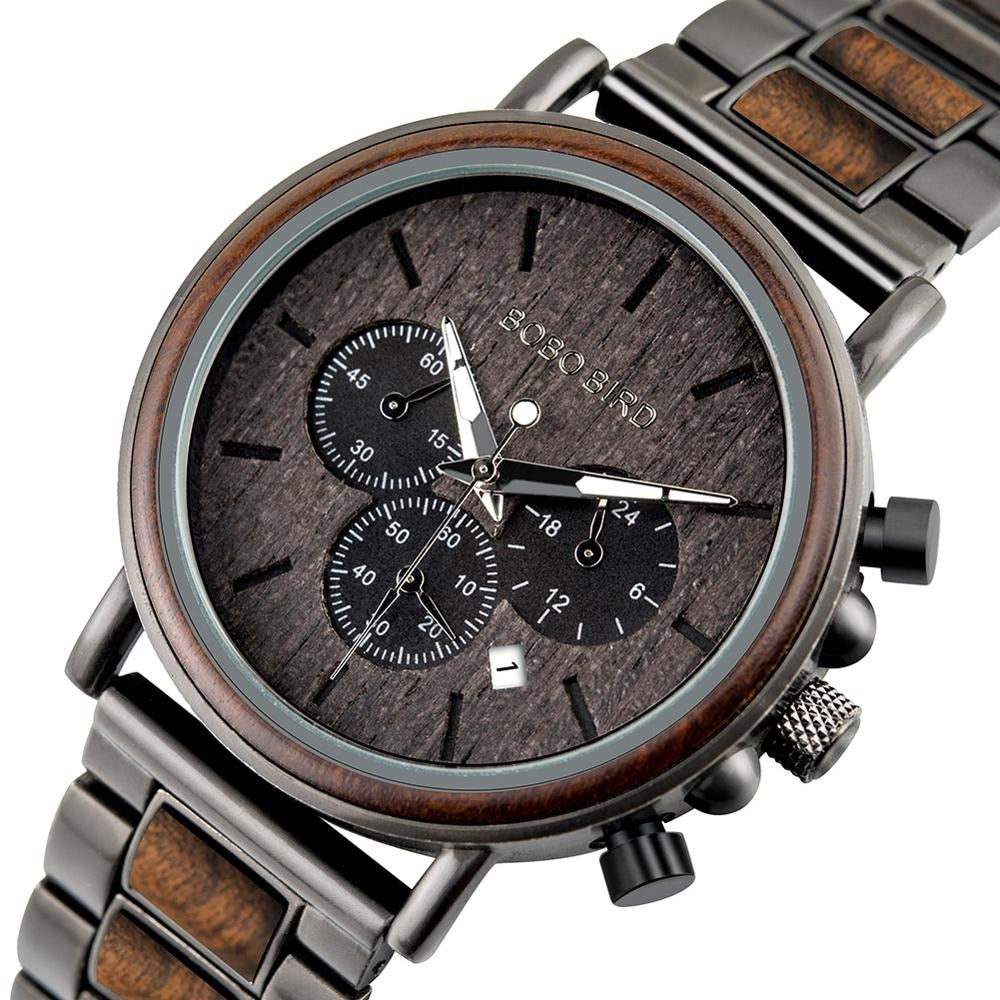 BOBO BIRD Wood Men's Stylish Chronograph Military Watches Timepieces in Wooden Gift Box