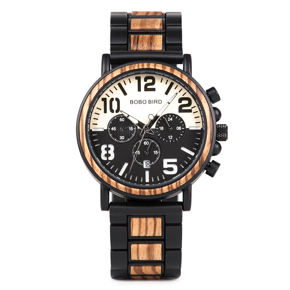 BOBO BIRD Wooden Men's Stylish Chronograph Military Retro Watches