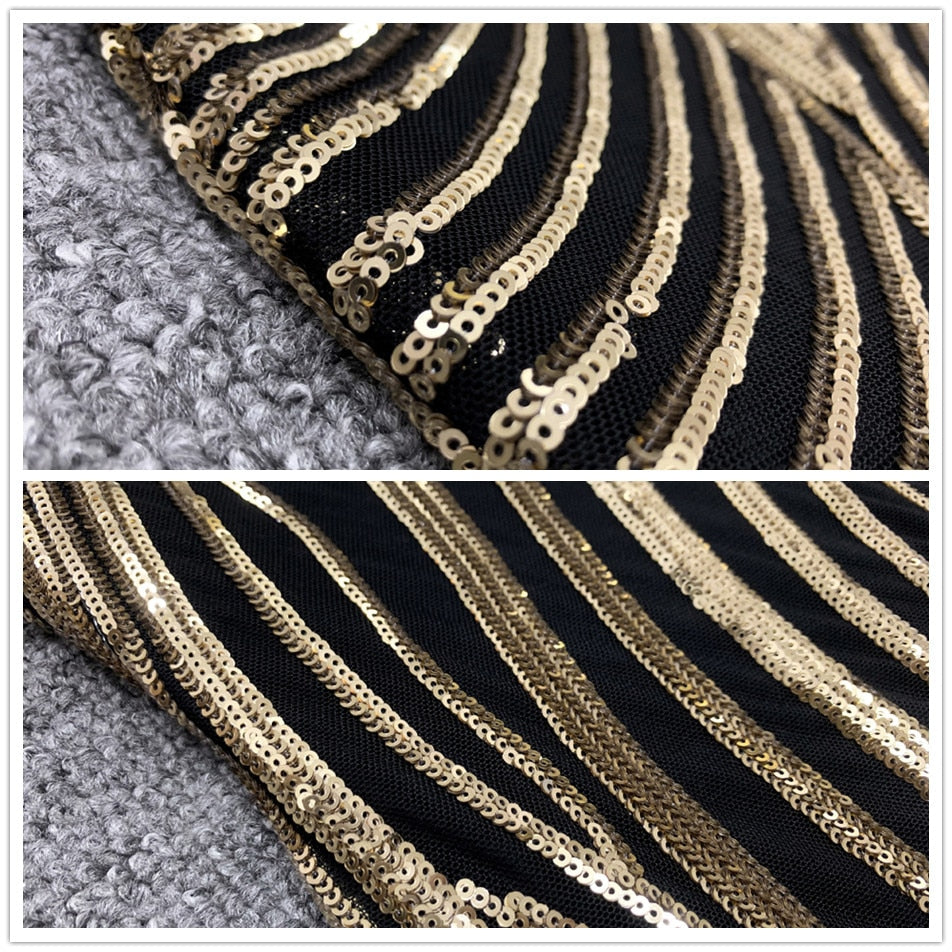 New Gold Sequin Women's Midi Dress Long Sleeve Deep V-neck Bodycon Dress