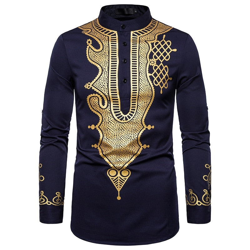 Men's Casual Long Sleeve Gold Floral Print Henley Shirt Ethnic Style Stand Collar African Dashiki Shirt