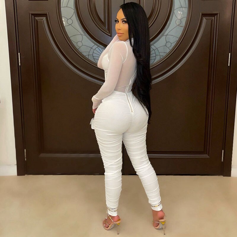 White Sexy Mesh Bodycon Jumpsuit Women Elegance Party See Through Jumpsuit Overalls Birthday Club Outfits Fall Clothes for Women