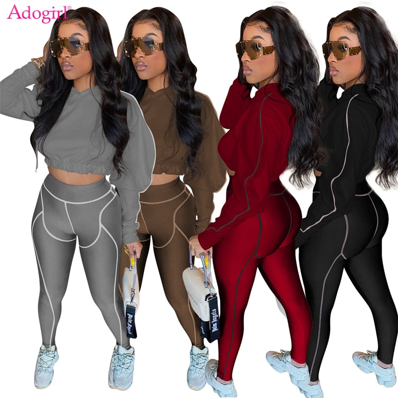 Women's Patchwork Long Sleeve Pullover Hooded Sweatshirts Crop Tops Leggings Sportswear
