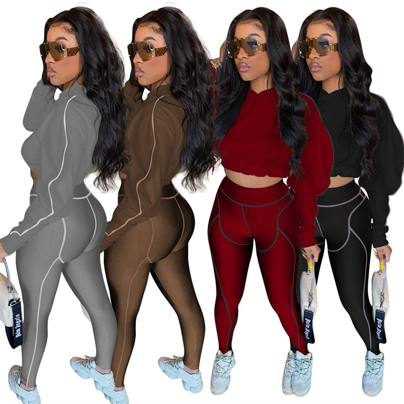 Women's Patchwork Long Sleeve Pullover Hooded Sweatshirts Crop Tops Leggings Sportswear