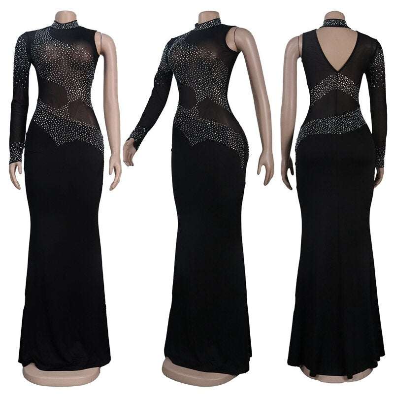 Sheer Mesh Rhinestone Maxi Bodycon Dress Long Sleeve See Through Wedding Evening Dresses Elegant Party Birthday Dress for Women