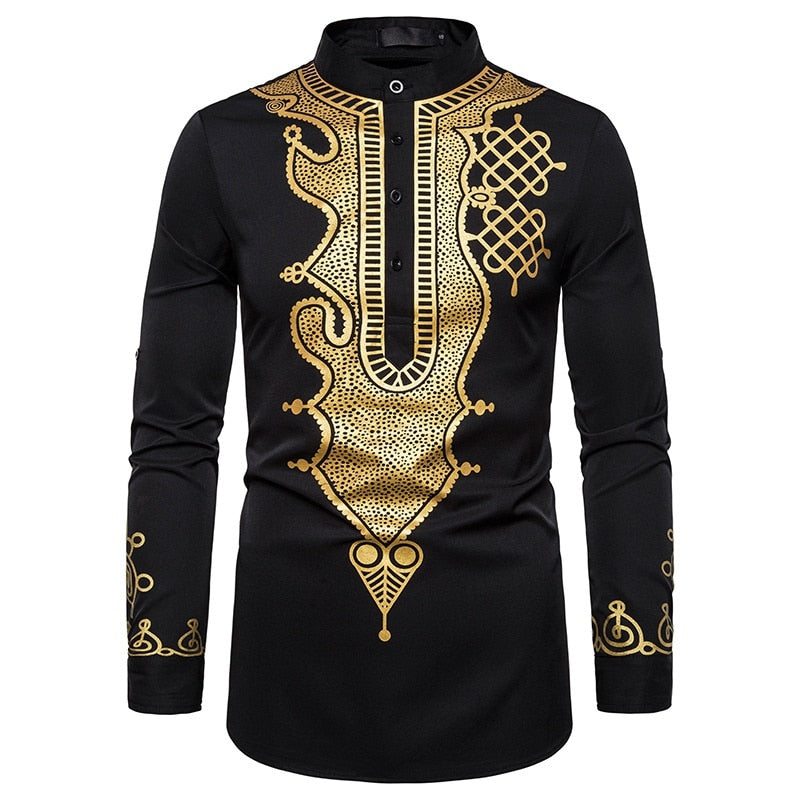 Men's Casual Long Sleeve Gold Floral Print Henley Shirt Ethnic Style Stand Collar African Dashiki Shirt