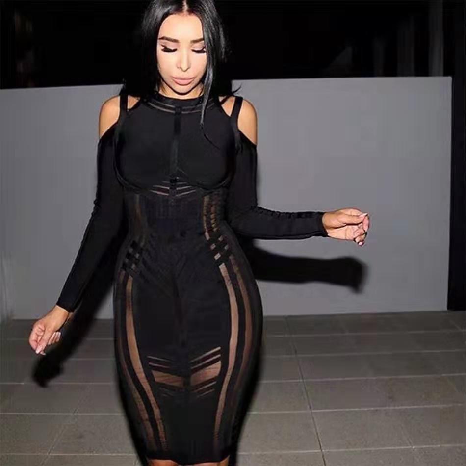 New Sexy Women's Bandage Dress Long-Sleeved Mesh Stitching Bodycon Dress