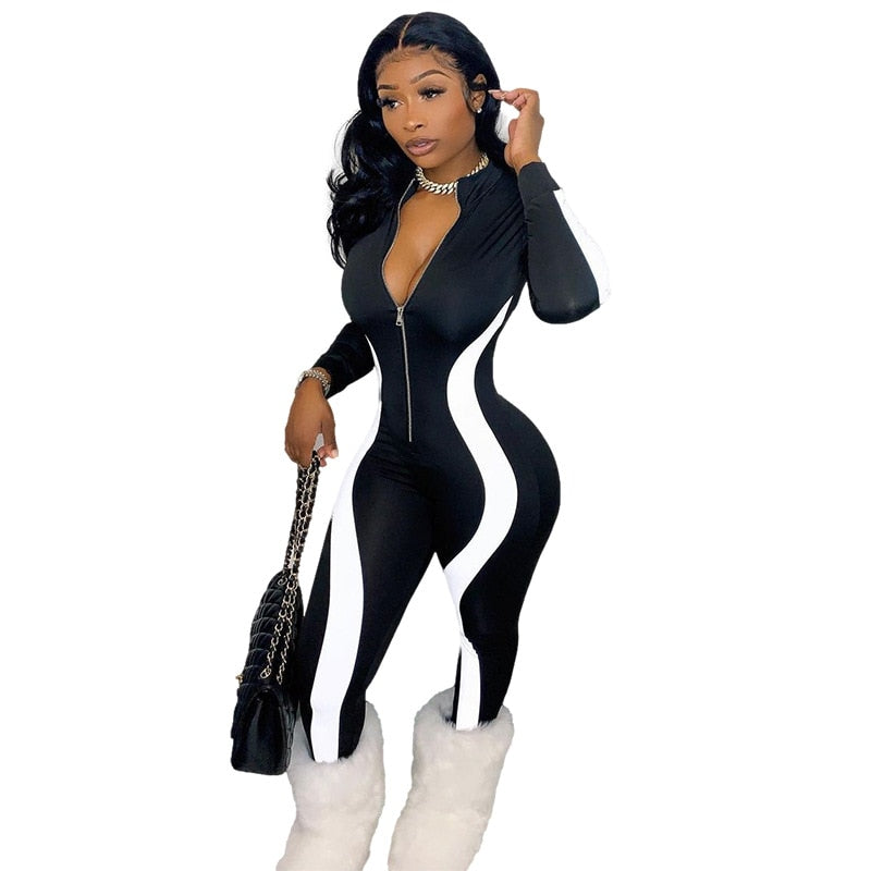 Women's Casual Stripe Patchwork Long Sleeve Zipper V Neck One Piece Workout Sportswear