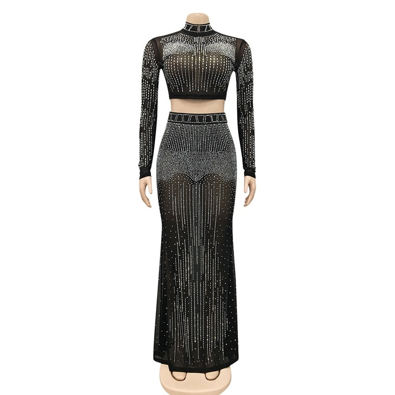 Long Sleeve Sexy Mesh Maxi Bodycon Dress Elegant Party Dress Women Wedding Evening Sparkly Rhinestone Birthday Dress for Women