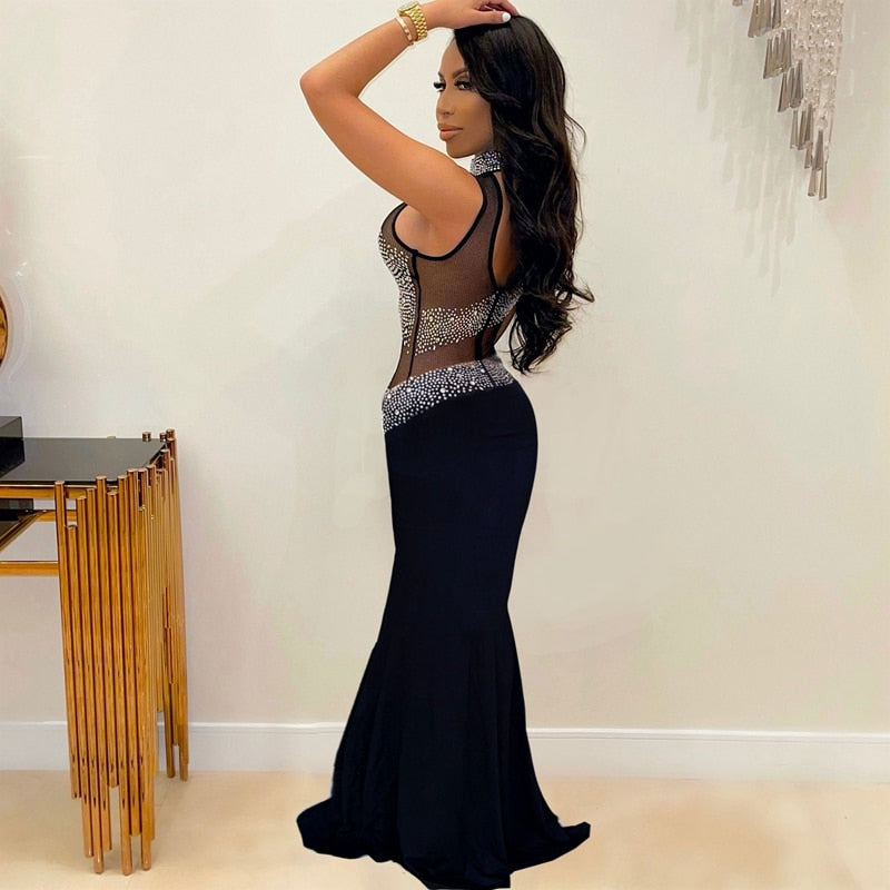 Sheer Mesh Rhinestone Maxi Bodycon Dress Long Sleeve See Through Wedding Evening Dresses Elegant Party Birthday Dress for Women