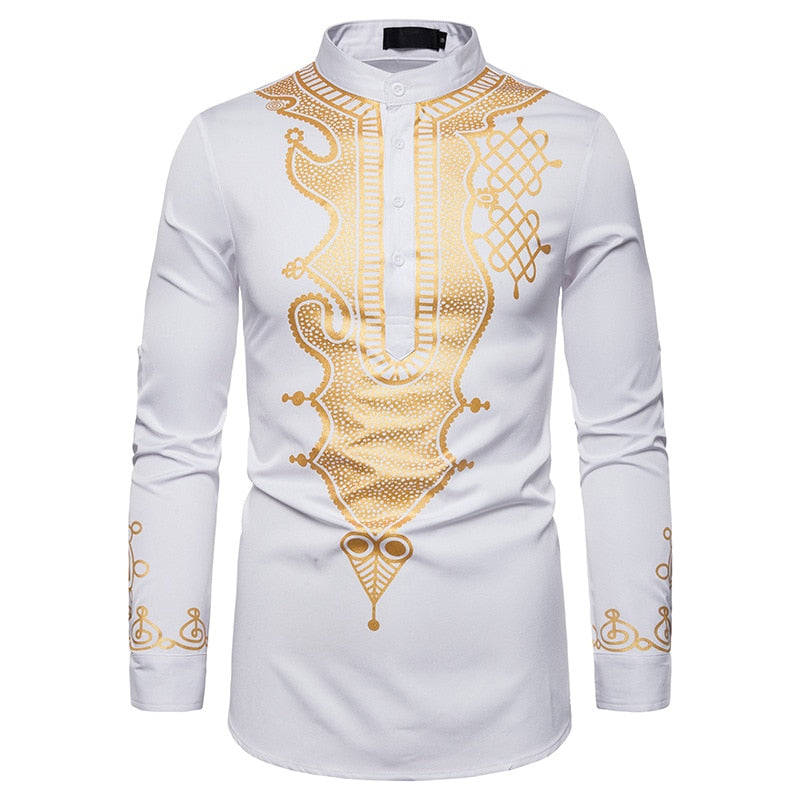 Men's Casual Long Sleeve Gold Floral Print Henley Shirt Ethnic Style Stand Collar African Dashiki Shirt
