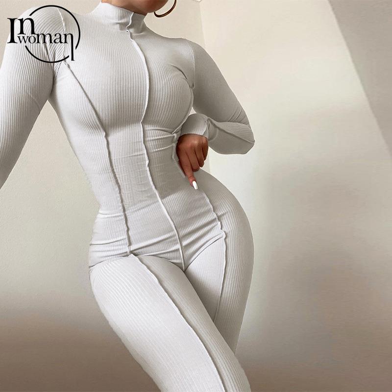 Women's Fall Bright Line Decoration Black One Piece Long Sleeve or Sleeveless Sexy Jumpsuit