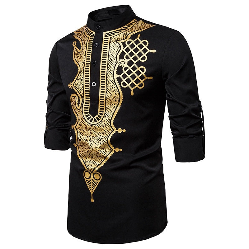 Men's Casual Long Sleeve Gold Floral Print Henley Shirt Ethnic Style Stand Collar African Dashiki Shirt