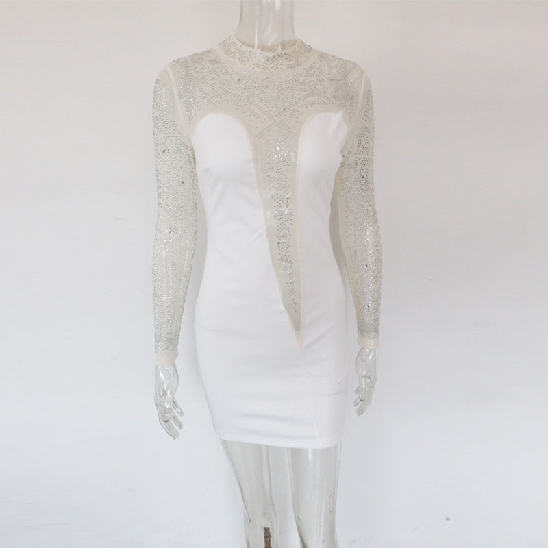 New Gorgeous Crystal Mini Dress Women's Elegant White Sequins Patchwork Party Dress