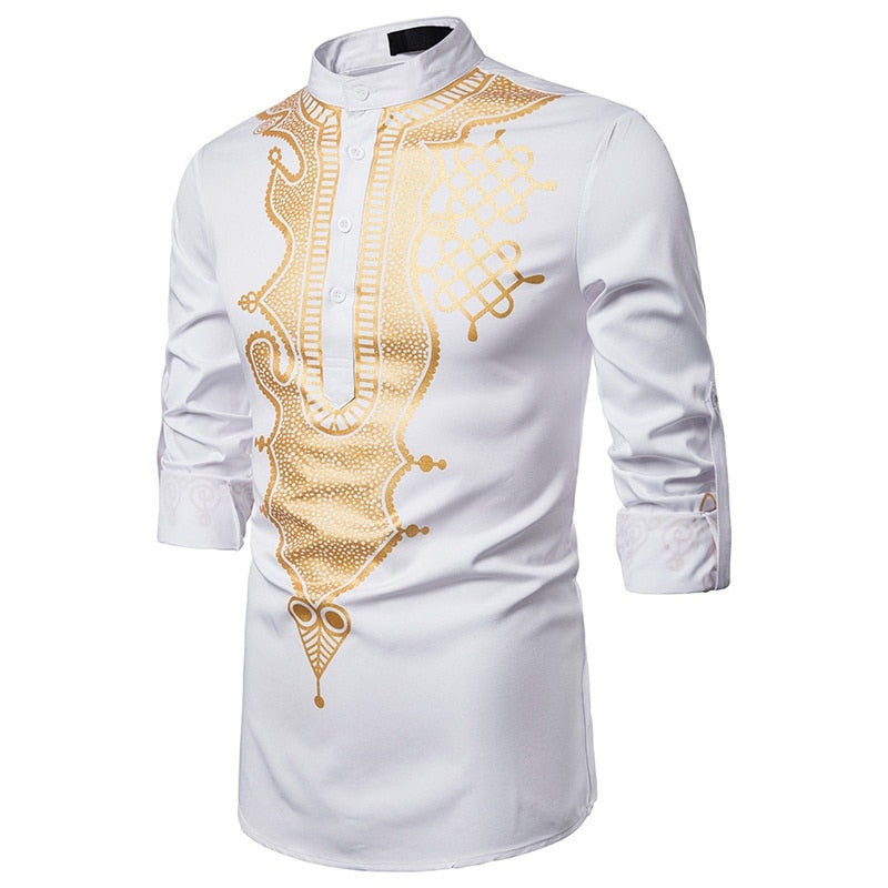 Men's Casual Long Sleeve Gold Floral Print Henley Shirt Ethnic Style Stand Collar African Dashiki Shirt