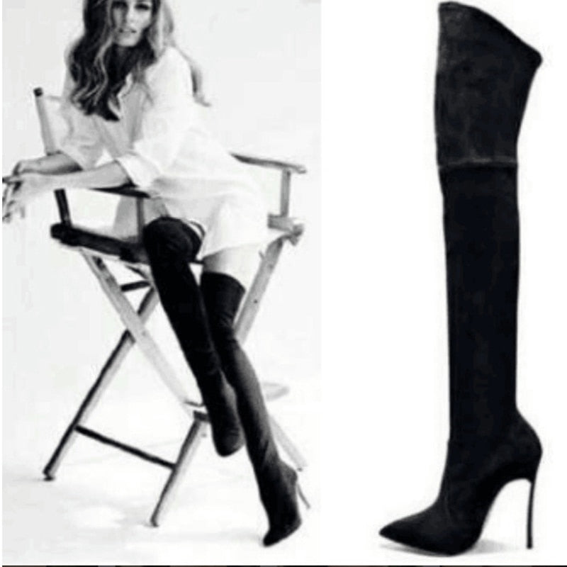 Women's Over-the-Knee Stretch Fabric Sexy Thin High Heels Pointed Toe Boots