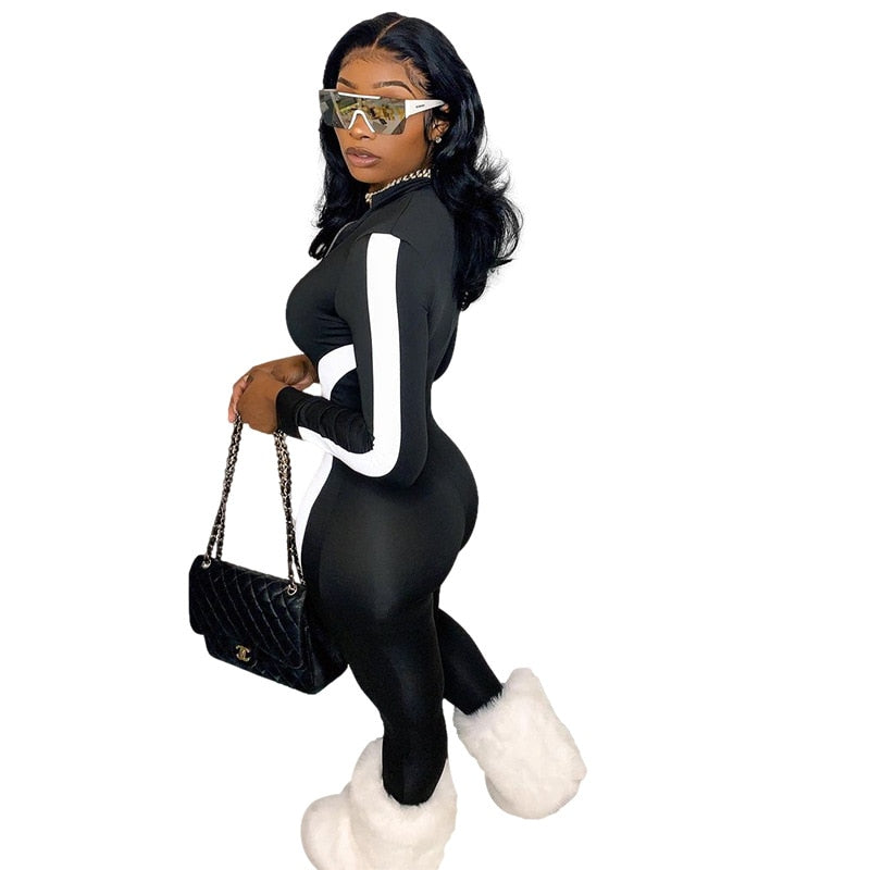 Women's Casual Stripe Patchwork Long Sleeve Zipper V Neck One Piece Workout Sportswear