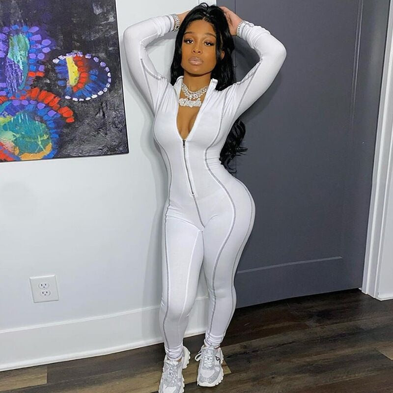 Striped Zipper Turn-down Collar Long Sleeve Jumpsuit Women Sportwear Workout Activewear Casual Rompers Skinny One Piece Overalls