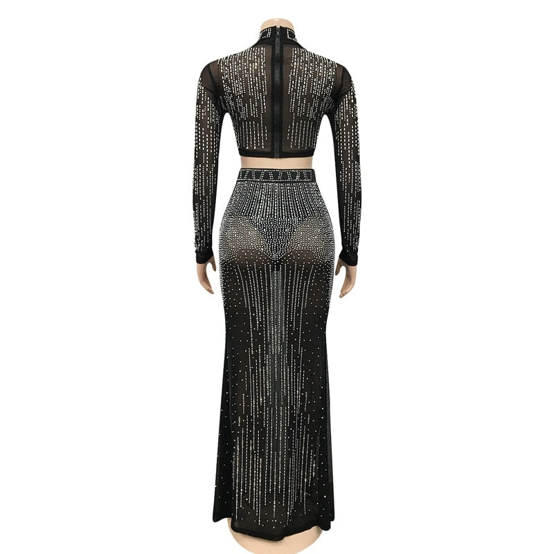 Long Sleeve Sexy Mesh Maxi Bodycon Dress Elegant Party Dress Women Wedding Evening Sparkly Rhinestone Birthday Dress for Women