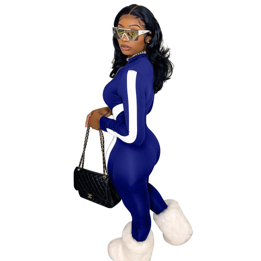Women's Casual Stripe Patchwork Long Sleeve Zipper V Neck One Piece Workout Sportswear