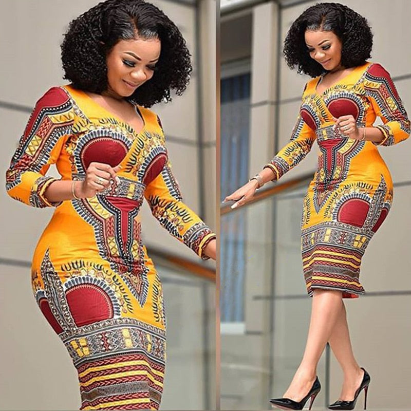 Women's Vestidos African Style Floral Print V-neck Long Sleeve Elegant Retro Bodycon Midi Dress