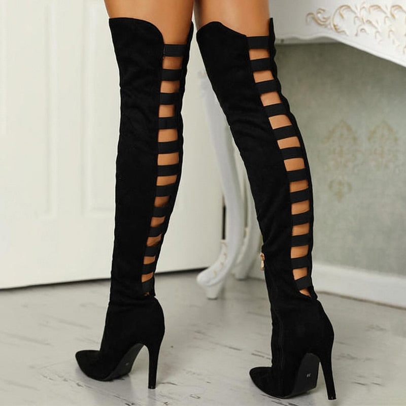 Women's Sexy Black Hollow Out Over The Knee Pointed Toe Thin Heel Boots