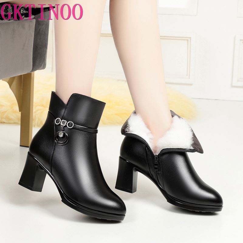 New Women's Winter Wool High-Heel Leather Ankle Boots
