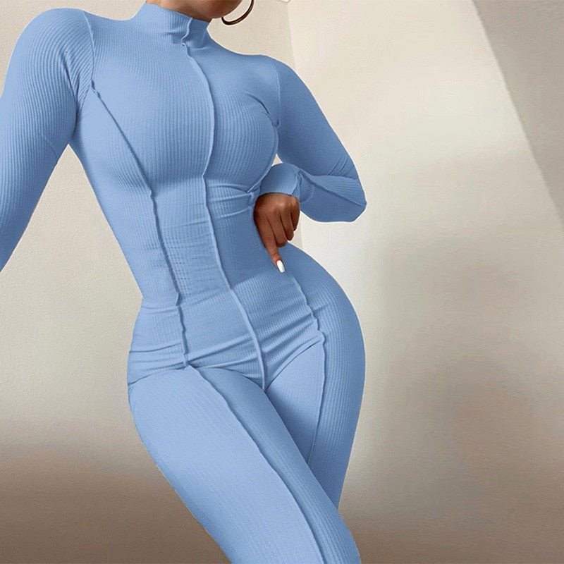 Women's Fall Bright Line Decoration Black One Piece Long Sleeve or Sleeveless Sexy Jumpsuit