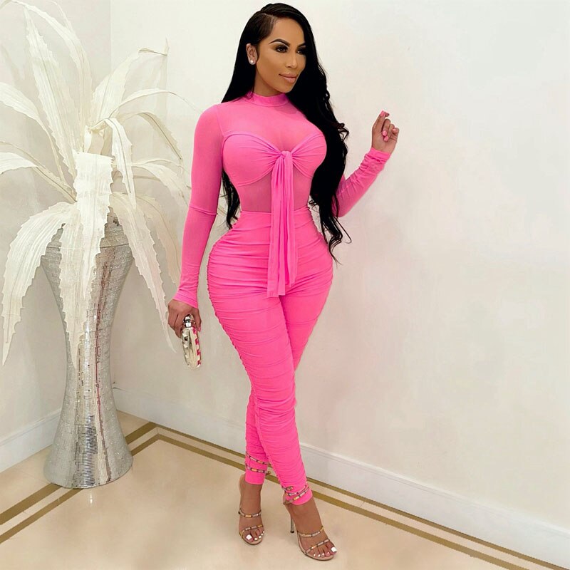 White Sexy Mesh Bodycon Jumpsuit Women Elegance Party See Through Jumpsuit Overalls Birthday Club Outfits Fall Clothes for Women