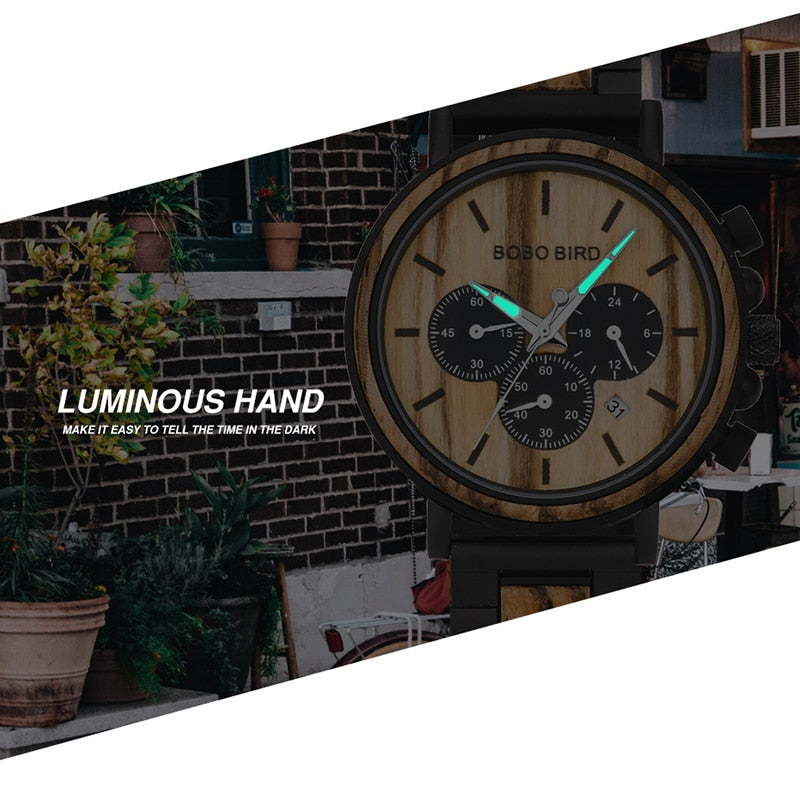 BOBO BIRD Wooden Men's Stylish Chronograph Military Retro Watches