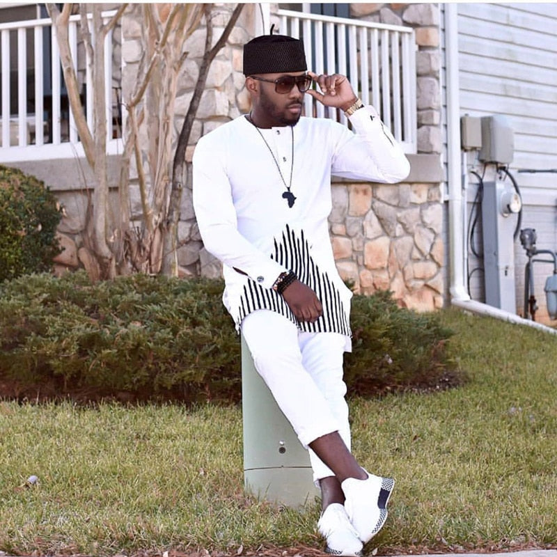 New H&D Men's African Dashiki Clothes For Men No Cap Embroidery Shirt & Trouser Set