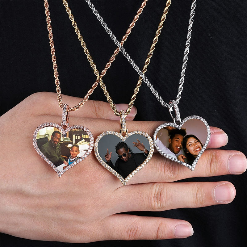 TOPGRILLZ Men's Custom Made Photo Heart Medallions Necklace & Pendant With 4mm Tennis Chain AAA Cubic Zircon