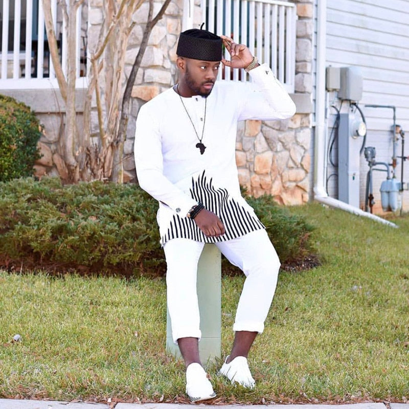 New H&D Men's African Dashiki Clothes For Men No Cap Embroidery Shirt & Trouser Set