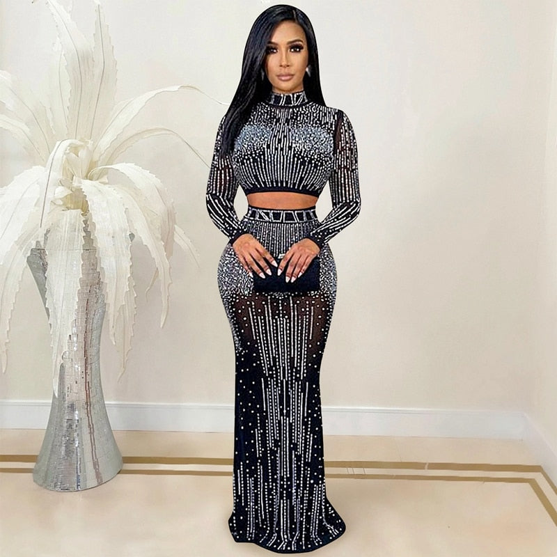 Long Sleeve Sexy Mesh Maxi Bodycon Dress Elegant Party Dress Women Wedding Evening Sparkly Rhinestone Birthday Dress for Women
