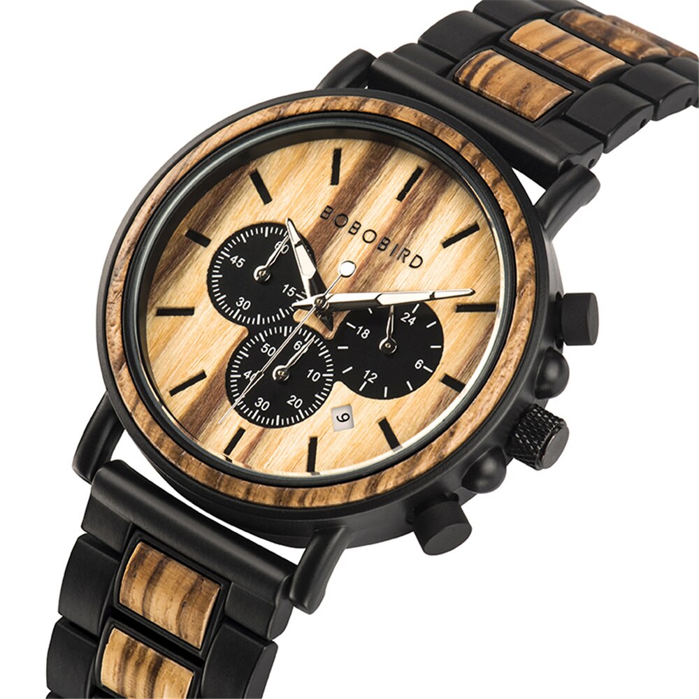 BOBO BIRD Wood Men's Stylish Chronograph Military Watches Timepieces in Wooden Gift Box