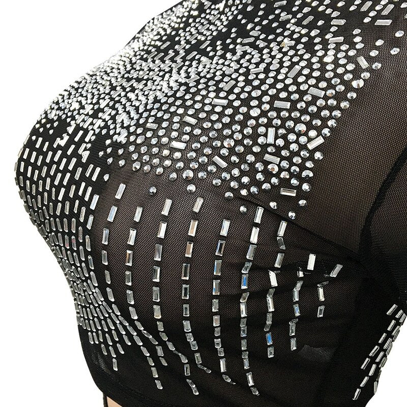 Long Sleeve Sexy Mesh Maxi Bodycon Dress Elegant Party Dress Women Wedding Evening Sparkly Rhinestone Birthday Dress for Women