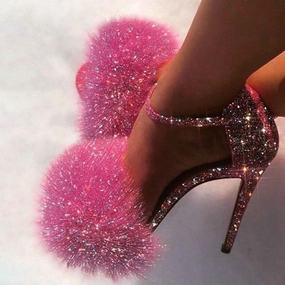 Perixir Fashion Glitter Heels Designers Summer Shoes Women Stiletto Sandalen Open Toe Fluff Strappy Thin High Heels Fur Sandals