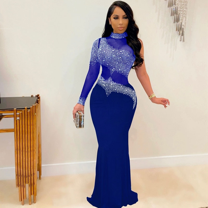 Sheer Mesh Rhinestone Maxi Bodycon Dress Long Sleeve See Through Wedding Evening Dresses Elegant Party Birthday Dress for Women