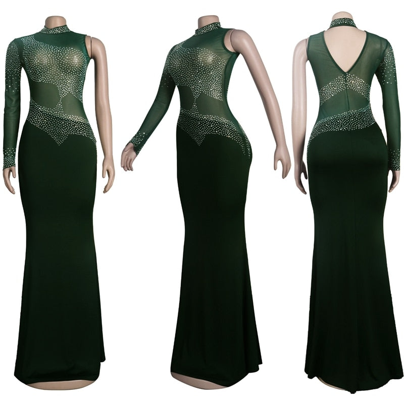 Sheer Mesh Rhinestone Maxi Bodycon Dress Long Sleeve See Through Wedding Evening Dresses Elegant Party Birthday Dress for Women