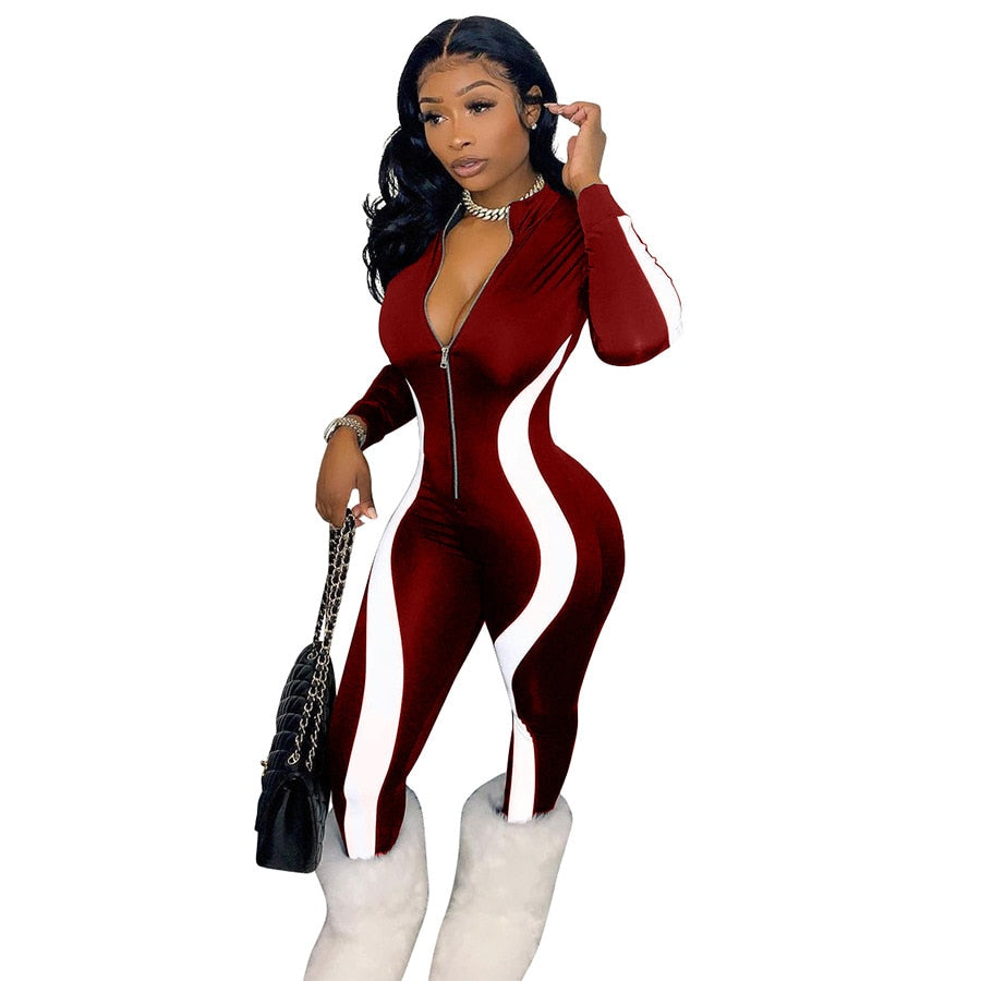 Women's Casual Stripe Patchwork Long Sleeve Zipper V Neck One Piece Workout Sportswear
