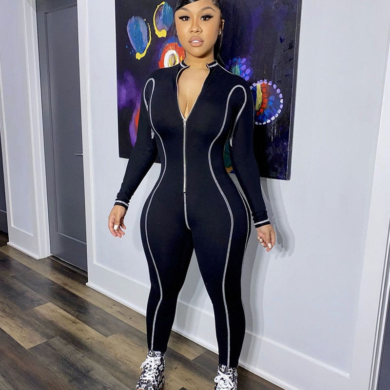 Striped Zipper Turn-down Collar Long Sleeve Jumpsuit Women Sportwear Workout Activewear Casual Rompers Skinny One Piece Overalls