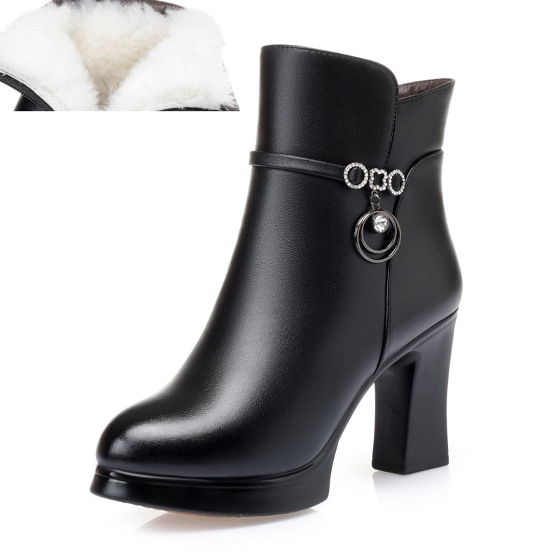 New Women's Winter Wool High-Heel Leather Ankle Boots