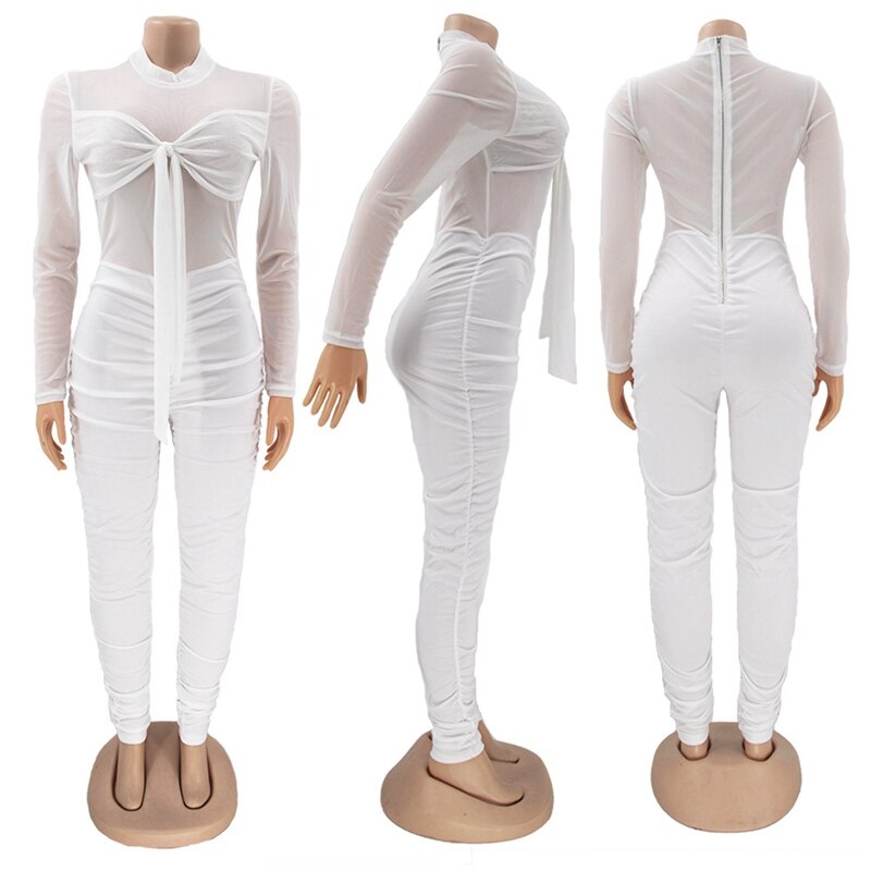 White Sexy Mesh Bodycon Jumpsuit Women Elegance Party See Through Jumpsuit Overalls Birthday Club Outfits Fall Clothes for Women