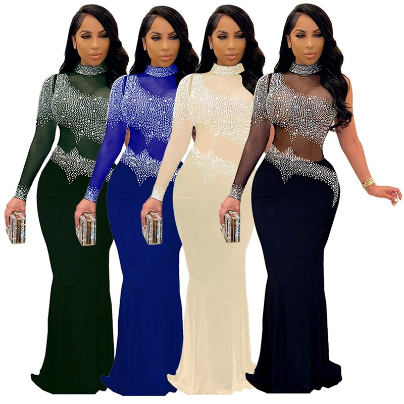 Sheer Mesh Rhinestone Maxi Bodycon Dress Long Sleeve See Through Wedding Evening Dresses Elegant Party Birthday Dress for Women